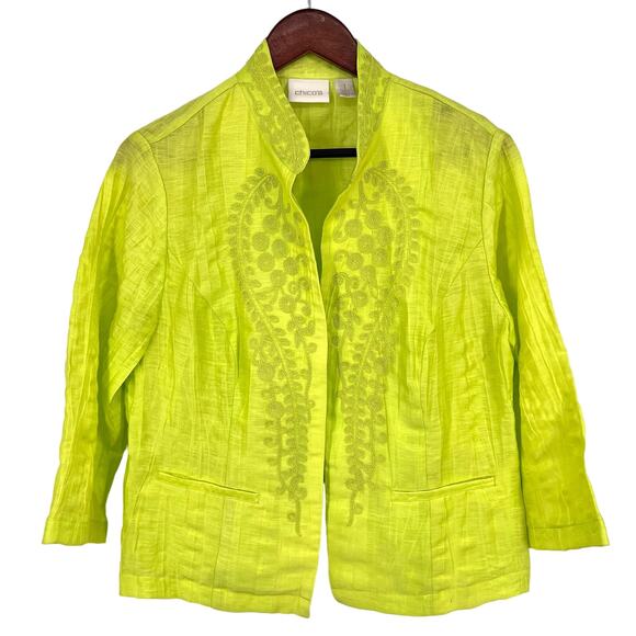 Chicos Sz Medium 1 US 8/10 Neone Green LINEN BLEND Tropical Blouse Shirt Top - Picture 1 of 9